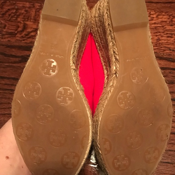 *SOLD*Tory Burch Red Canvas Peep Toe Wedges - Picture 7 of 8